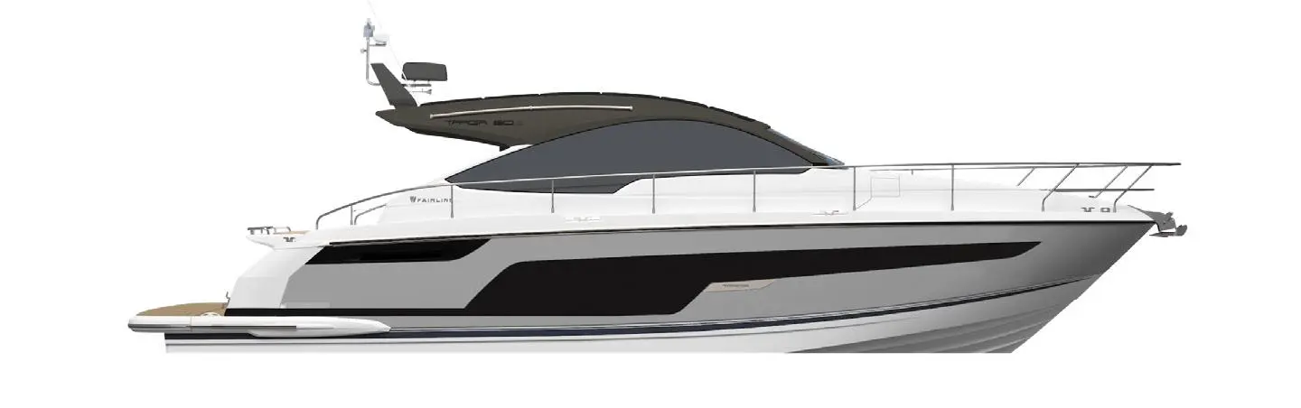 Side view of a sleek Fairline yacht with a modern design, featuring a dark roof and distinctive black accents.